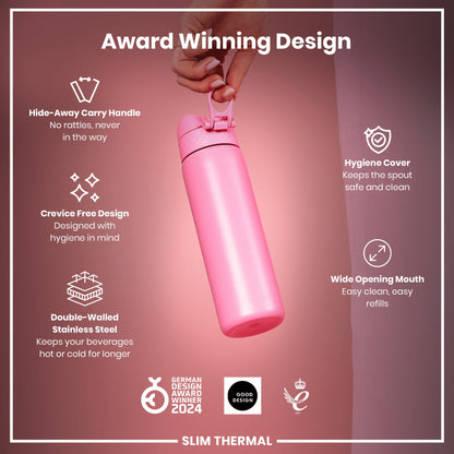 Leak Proof Slim Thermal Steel Water Bottle, Insulated, Rose Bloom, 500ml (17oz)