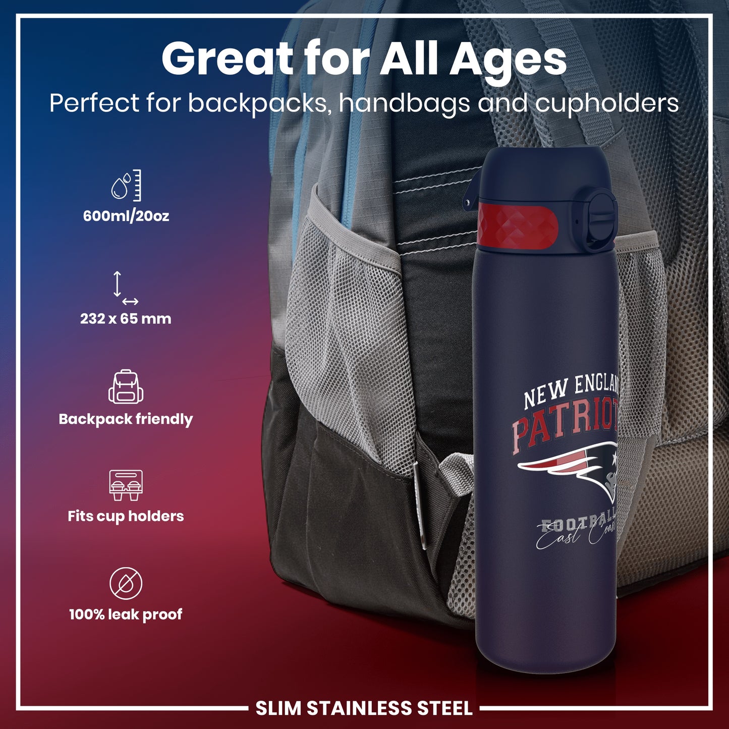 Leak Proof NFL Water Bottle, Stainless Steel, New England Patriots, 600ml (20oz)