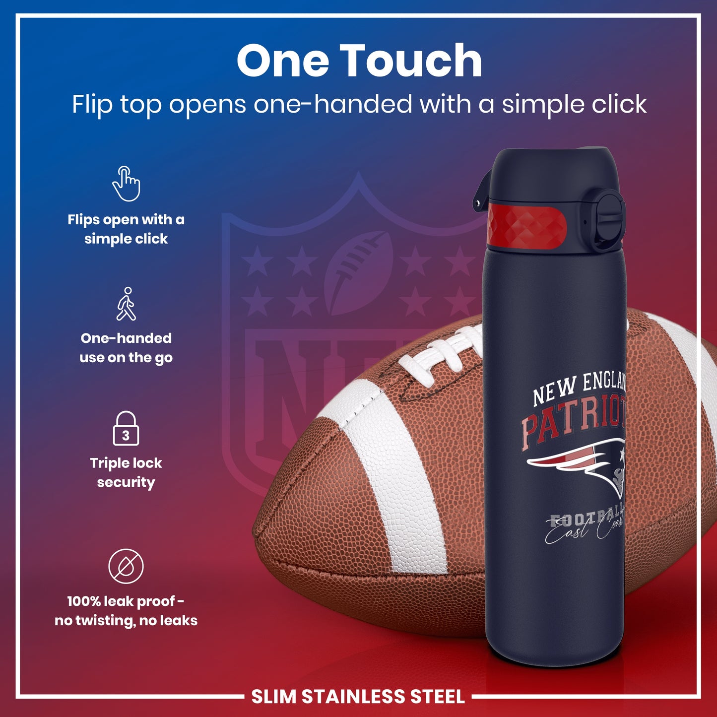 Leak Proof NFL Water Bottle, Stainless Steel, New England Patriots, 600ml (20oz)