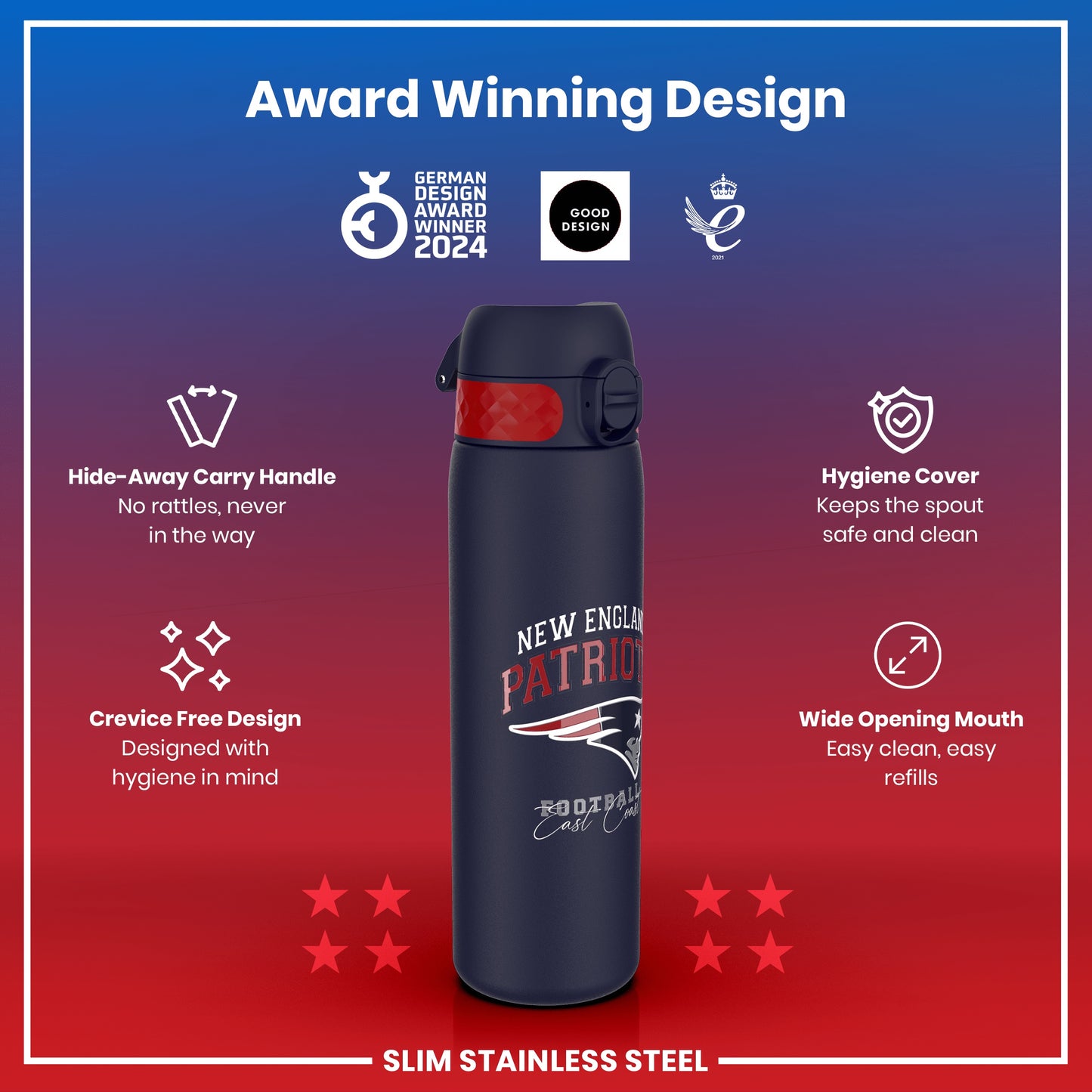 Leak Proof NFL Water Bottle, Stainless Steel, New England Patriots, 600ml (20oz)