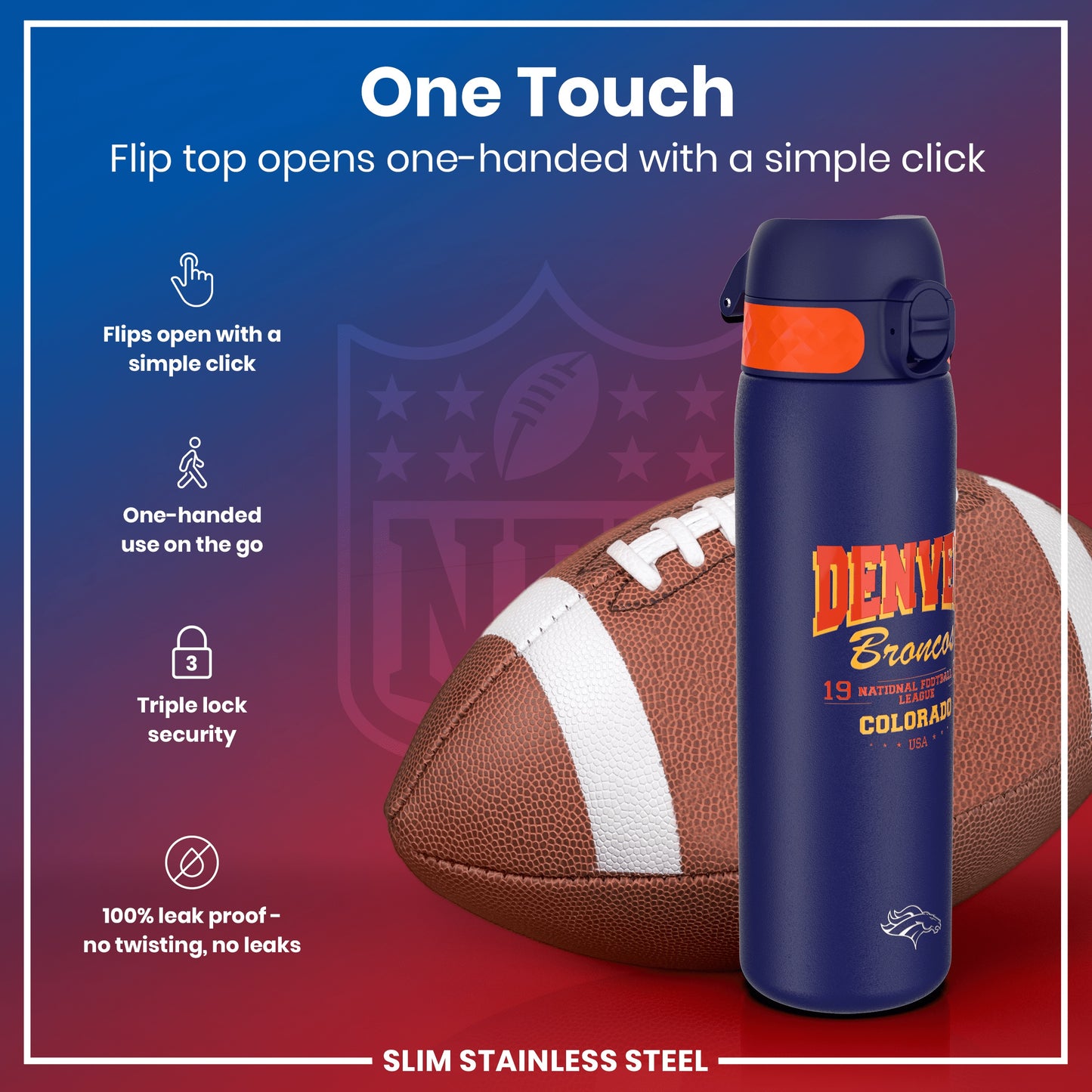 Leak Proof NFL Water Bottle, Stainless Steel, Denver Broncos, 600ml (20oz)