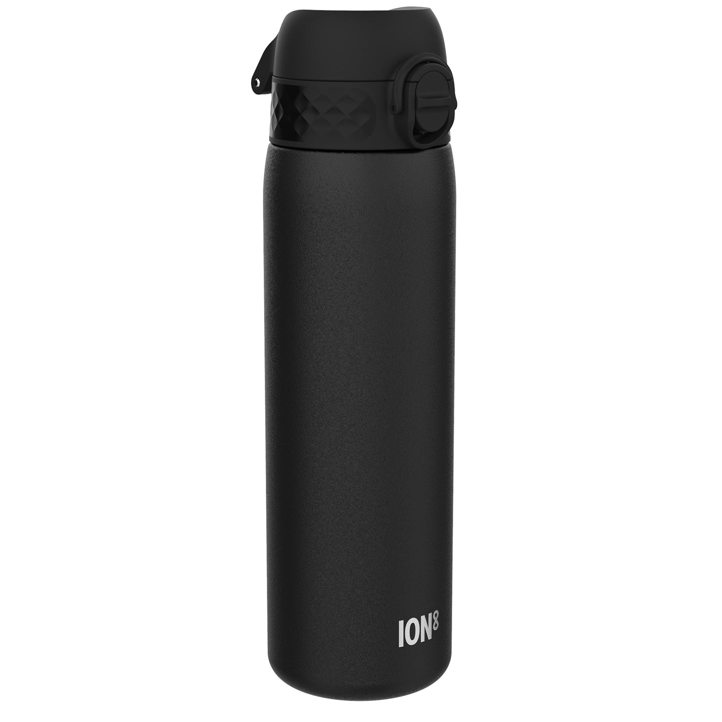 A black ION8 water bottle stands upright against a white background. The bottle has a textured finish and a black lid with a carrying loop.