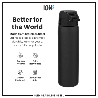 A black, stainless steel water bottle stands upright. It is advertised as durable, recyclable, carbon neutral, odour resistant, and dishwasher safe.