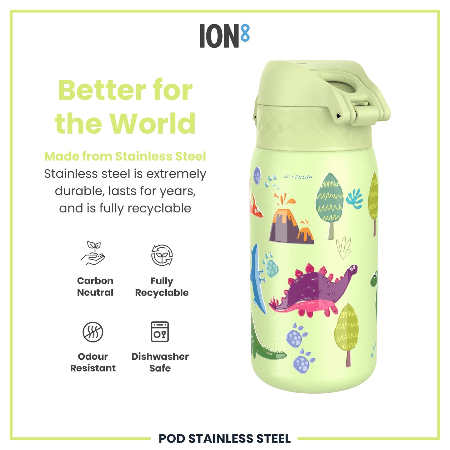 Leak Proof Water Bottle, Stainless Steel, Dinosaurs, 400ml (13oz)