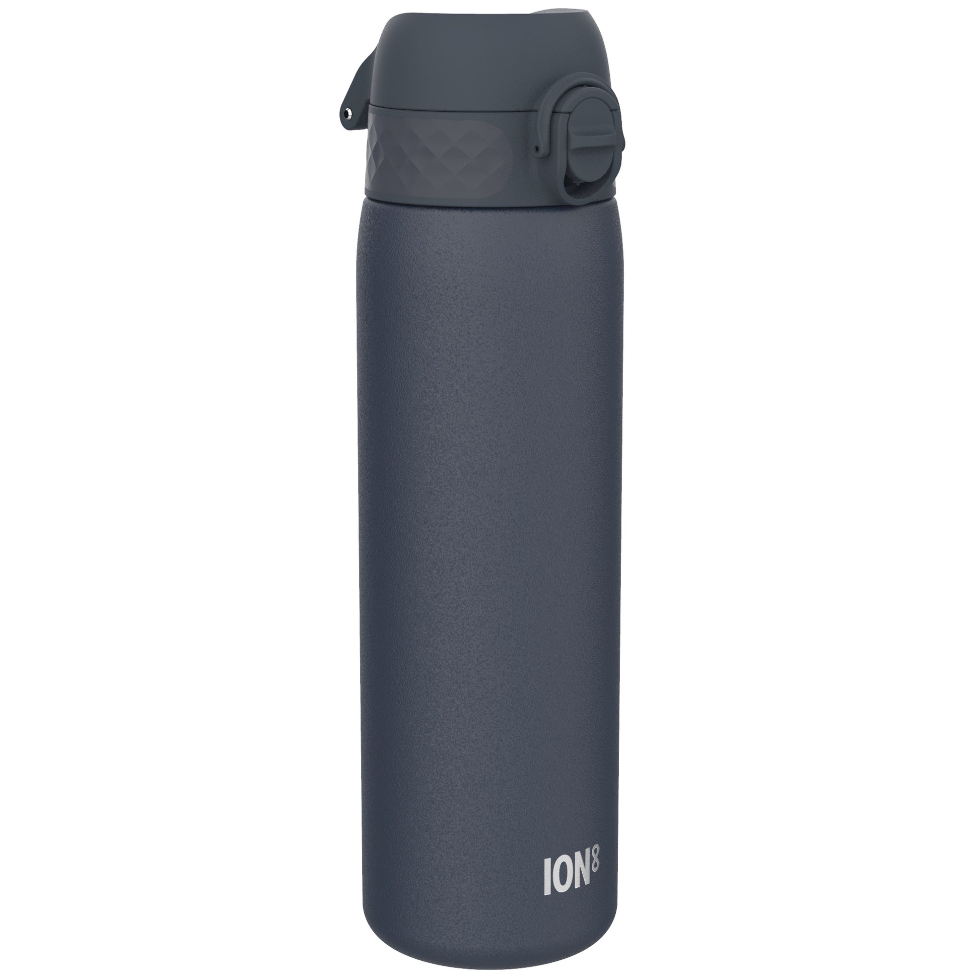 A dark-grey ION8 water bottle stands upright against a white background. The bottle has a dark-grey screw-on lid with a carrying loop.