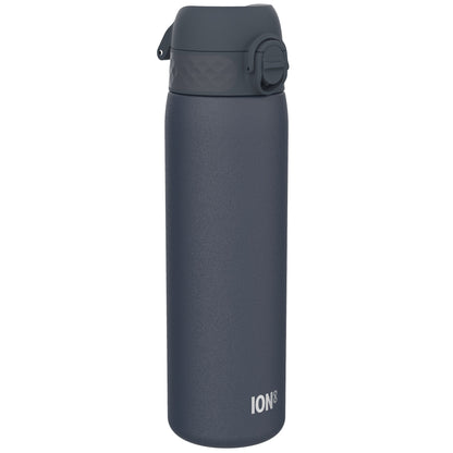 A dark-grey ION8 water bottle stands upright against a white background. The bottle has a dark-grey screw-on lid with a carrying loop.