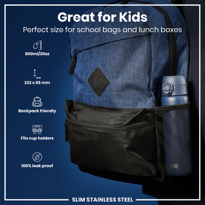 A blue backpack's side pocket holds a blue water bottle. The backpack is shown with specifications and claims of being kid-friendly, leak-proof, and fitting in cup holders.