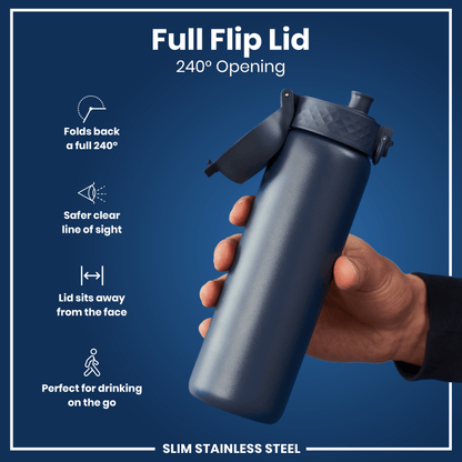 A dark-blue, slim stainless steel water bottle is held; its lid is flipped open 240 degrees, providing a clear line of sight and safe distance from the face. The bottle is ideal for on-the-go use.