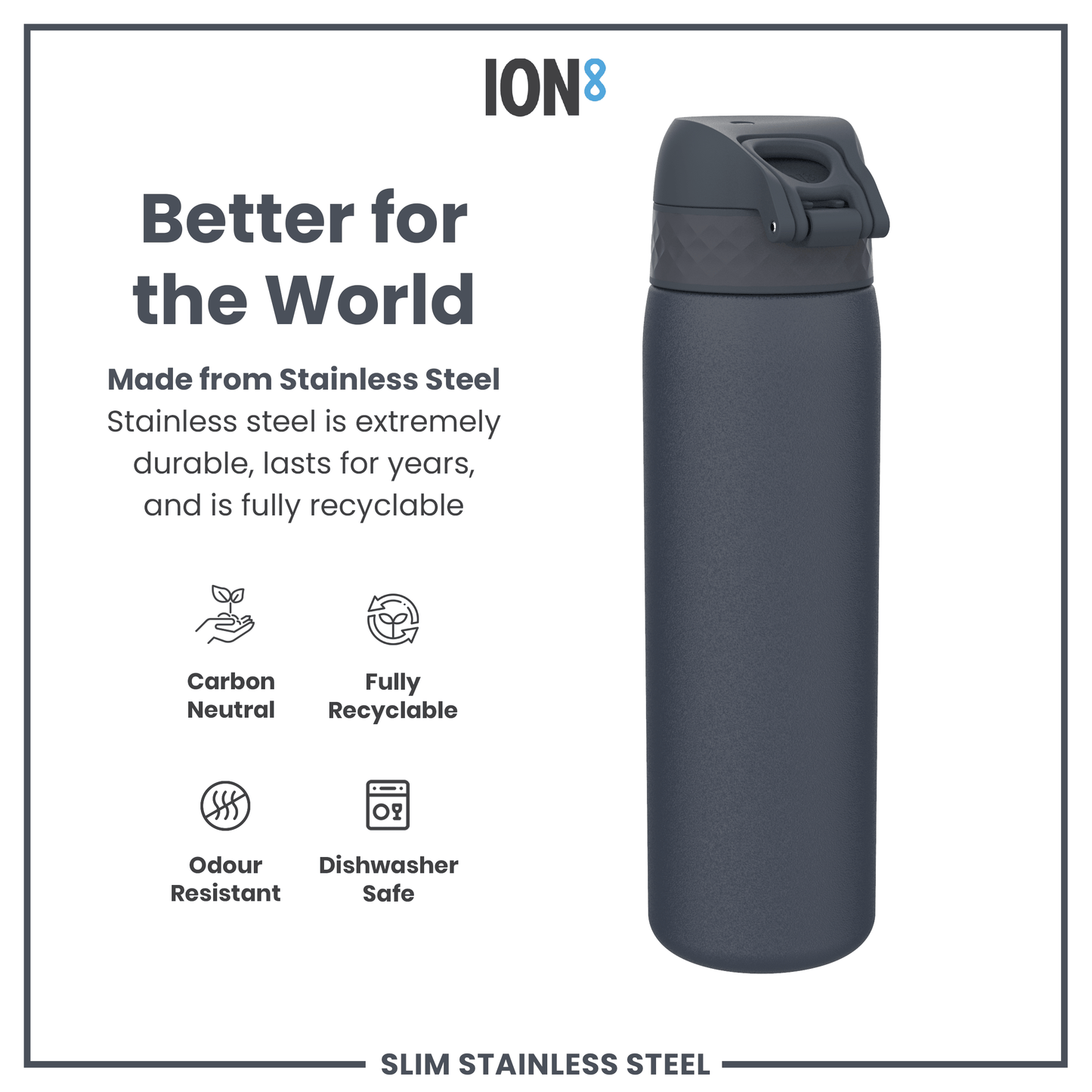 A dark-grey, stainless steel water bottle stands upright against a white background. It's made of recyclable material, is odour resistant and dishwasher safe. Marketing text promotes its sustainability.