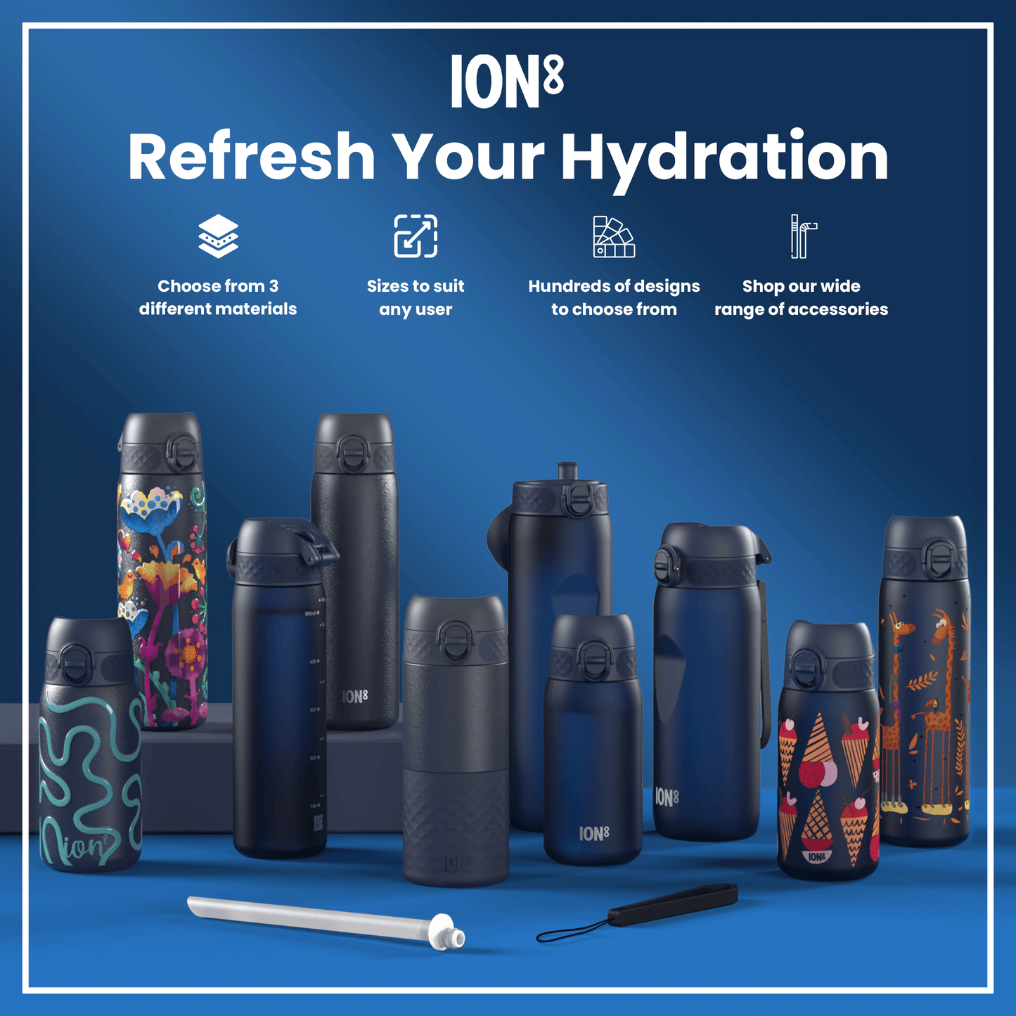 Several ION8 water bottles, in various sizes and designs, are displayed on a blue surface. Accessories are also shown. The background features text promoting the product's features.