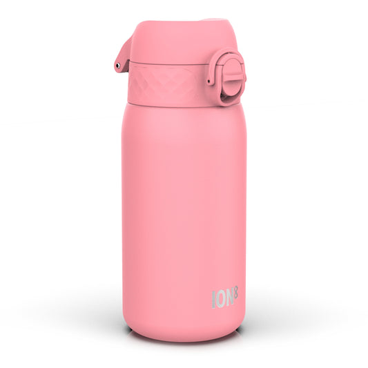 A pink ION8 water bottle sits on a white background. The bottle has a hinged lid.