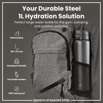 Leak Proof 1 Litre Water Bottle, Stainless Steel, Grey, 1L