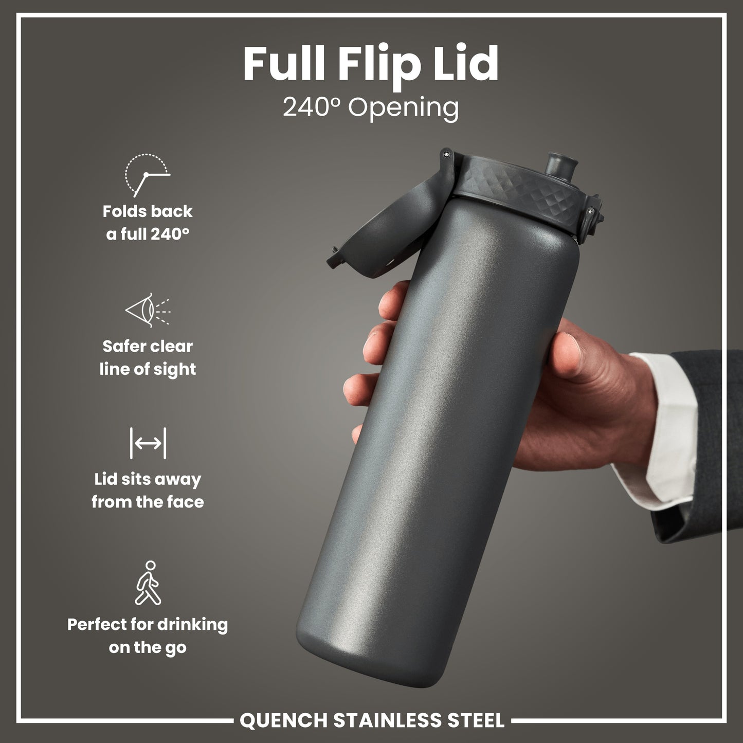 Leak Proof 1 Litre Water Bottle, Stainless Steel, Grey, 1L