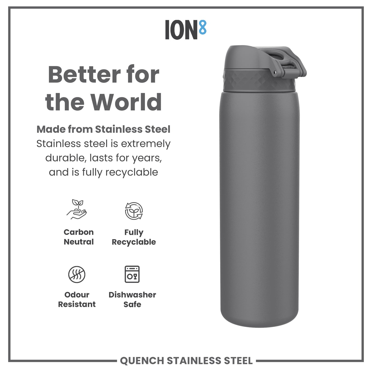 Leak Proof 1 Litre Water Bottle, Stainless Steel, Grey, 1L