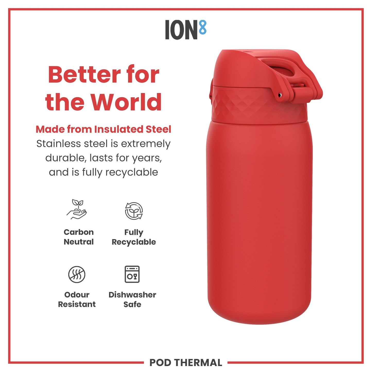 Leak Proof Thermal Steel Water Bottle, Insulated, Red, 320ml (11oz)