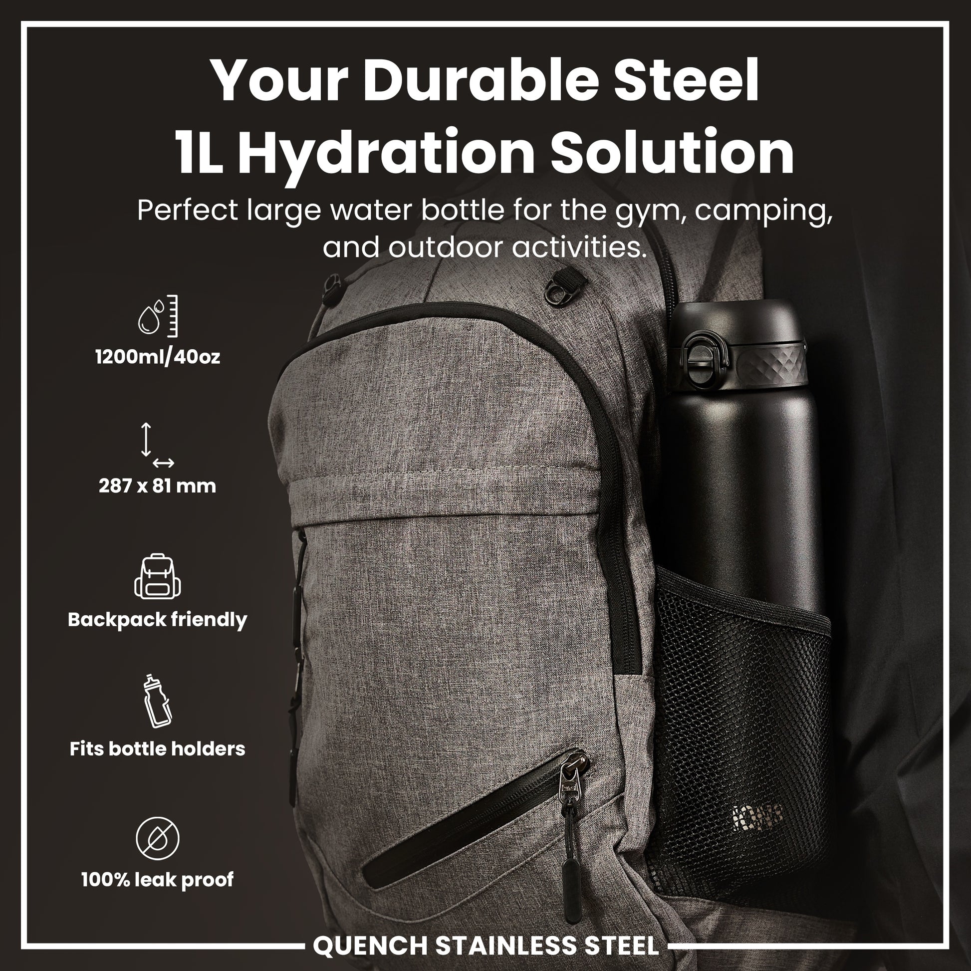 A black, 1200ml water bottle fits inside a grey backpack's mesh pocket; it’s backpack friendly, leakproof, and ideal for gym, camping, and outdoor use.