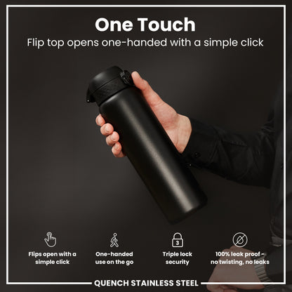 A black, stainless steel water bottle is held; its flip top opens one-handed. The bottle features a triple lock security and is 100% leak-proof.