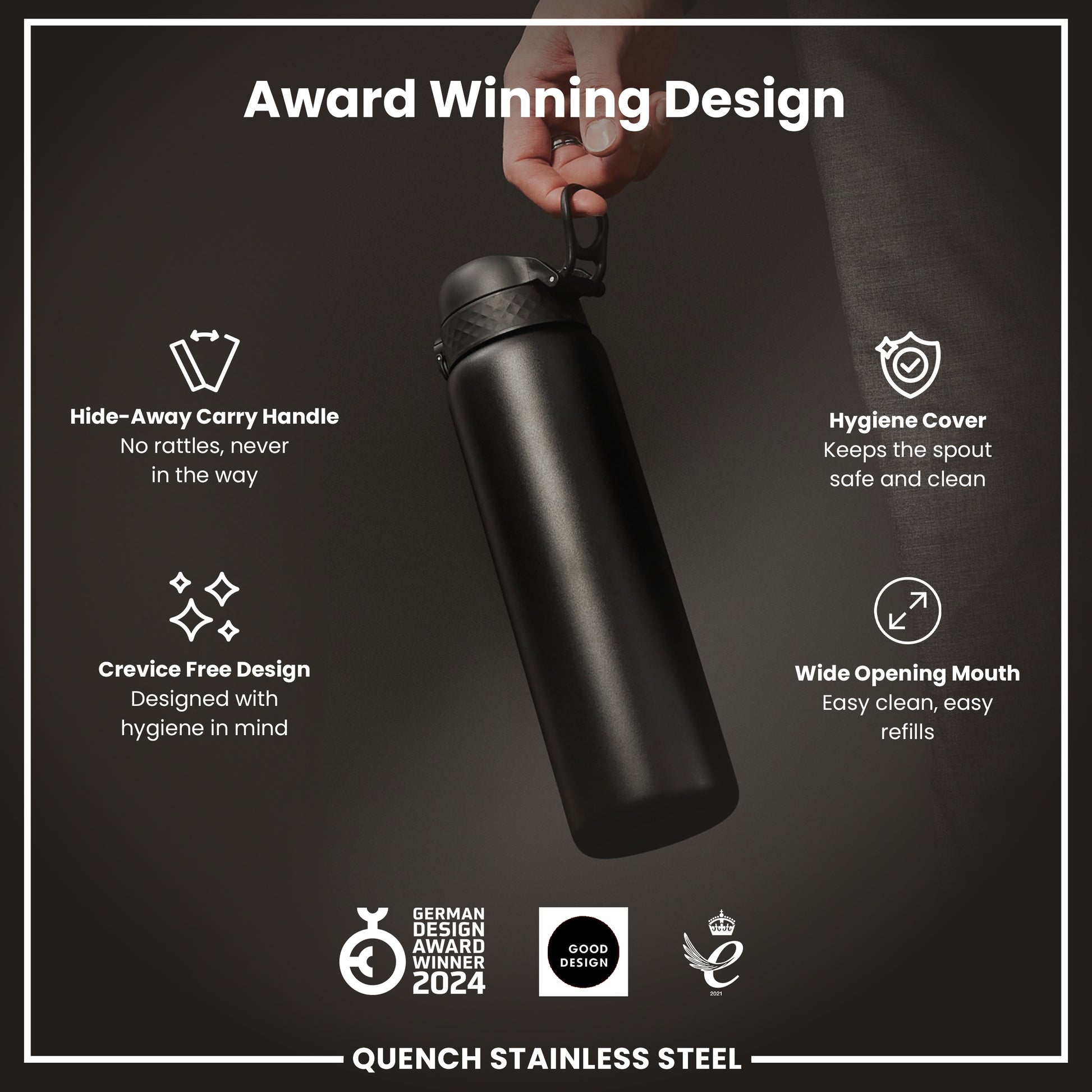 A black, stainless steel water bottle is being held; it features a hide-away handle, a hygiene cover, and a wide mouth. Award-winning design.