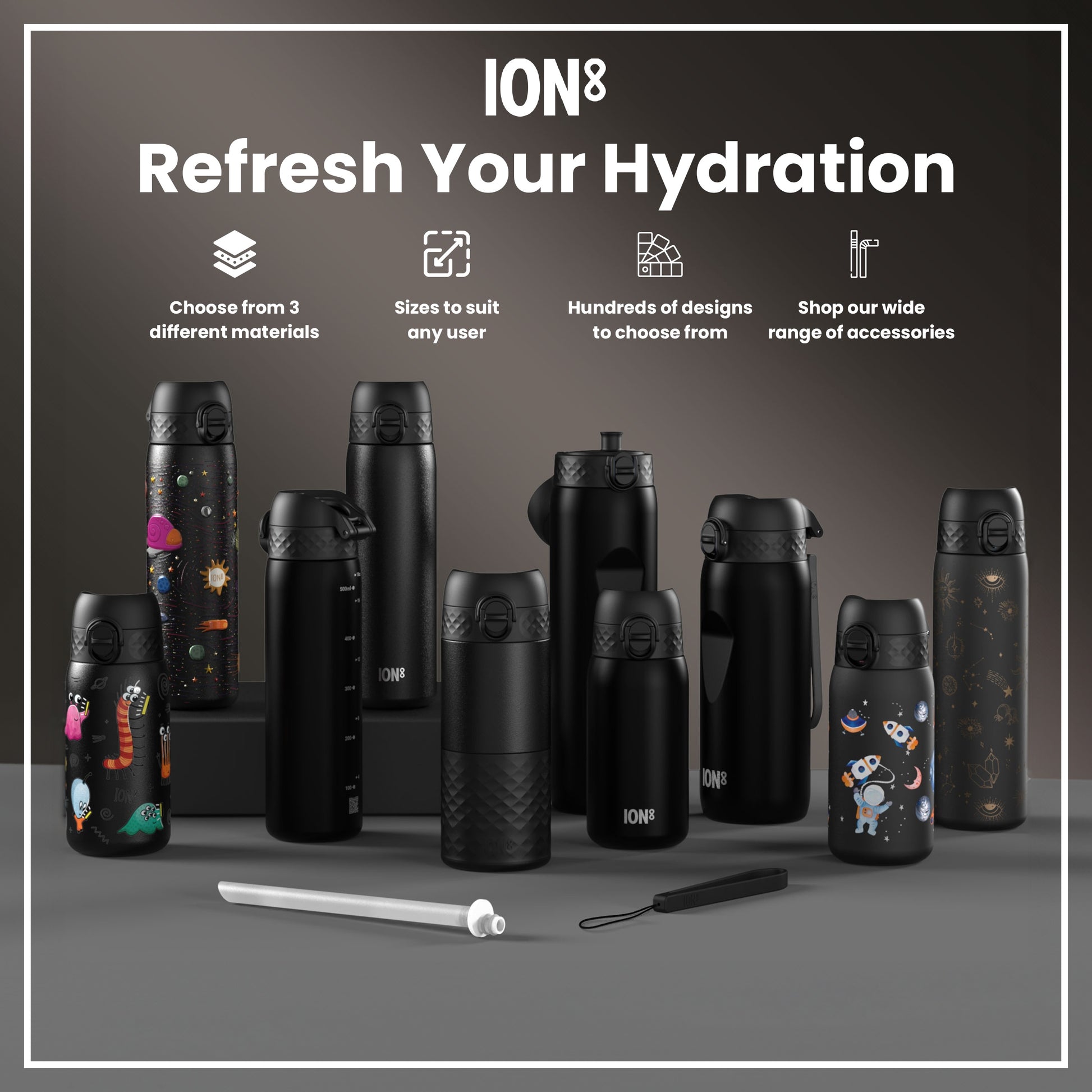 Several ION8 water bottles, various sizes and designs, are displayed on a gray surface; accessories are also shown.