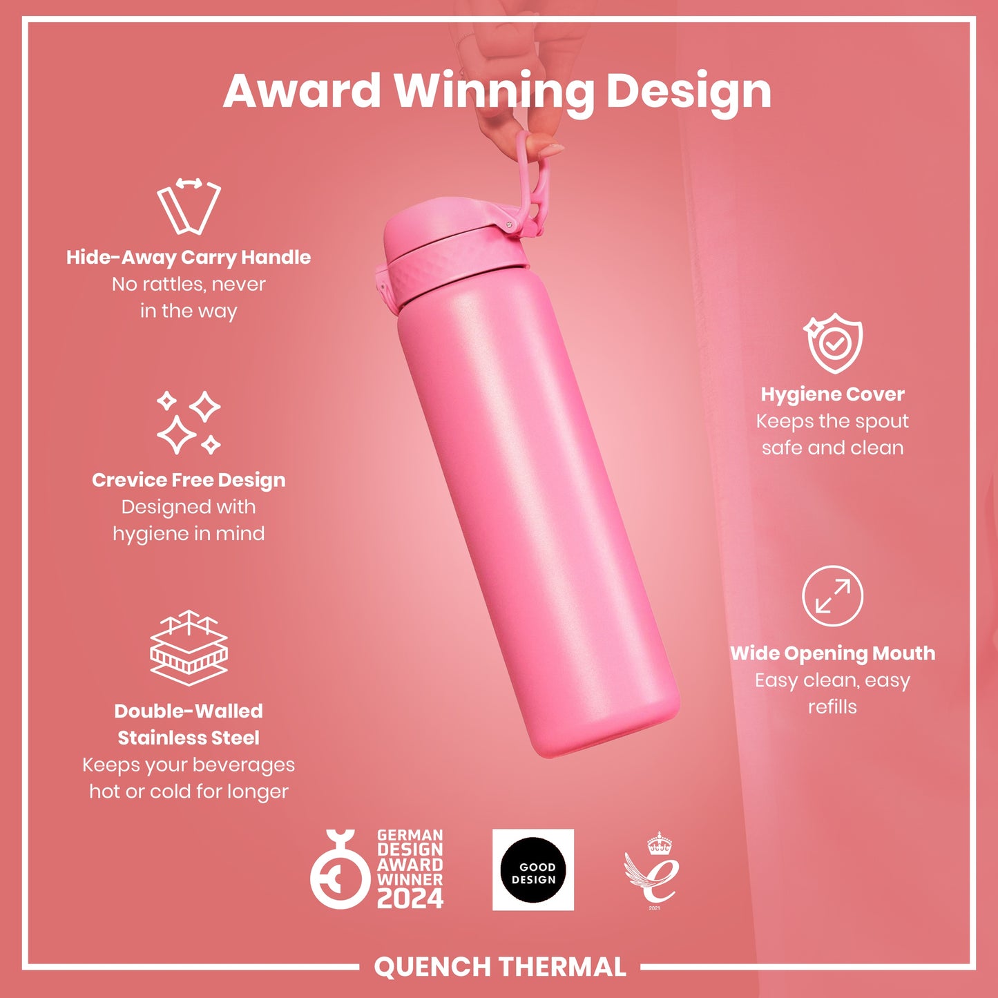 Leak Proof 1 Litre Thermal Water Bottle, Insulated, Rose Bloom, 1L