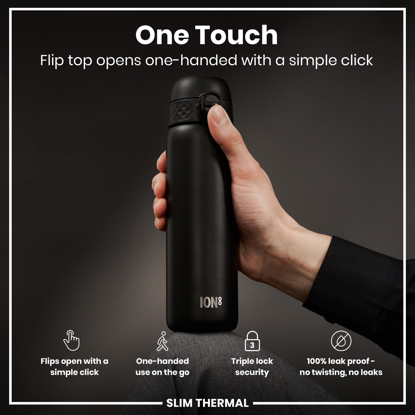 Leak Proof Slim Thermal Steel Water Bottle, Insulated, Black, 500ml (17oz)