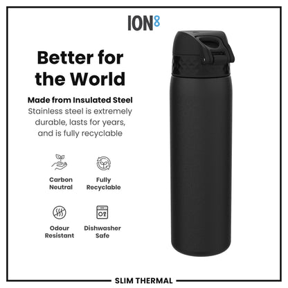 Leak Proof Slim Thermal Steel Water Bottle, Insulated, Black, 500ml (17oz)