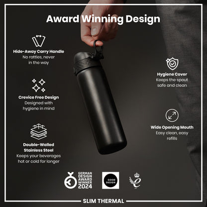 Leak Proof Slim Thermal Steel Water Bottle, Insulated, Black, 500ml (17oz)