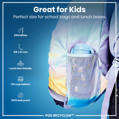 A light-blue water bottle fits inside a mesh pocket of a pastel-colored backpack; it's designed for kids' school bags and lunch boxes, and is leak-proof.