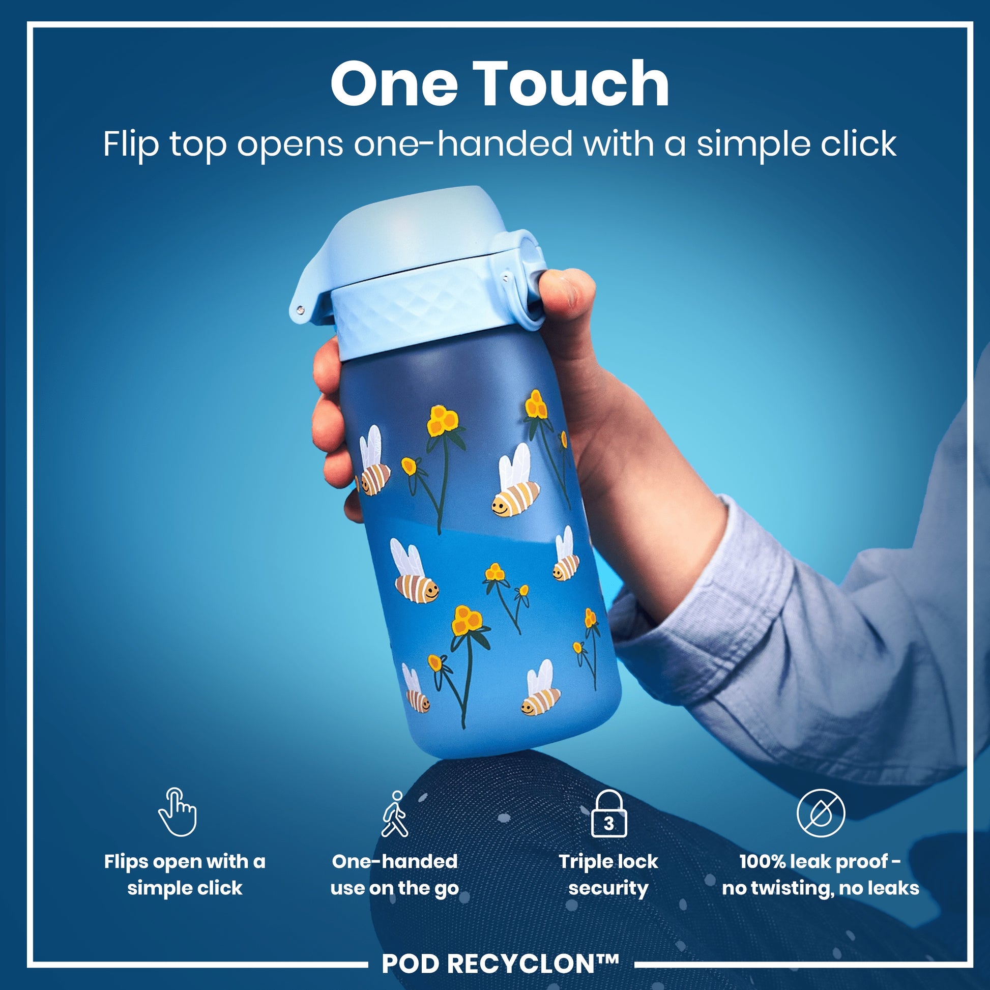 A blue water bottle, decorated with bees and flowers, is being held; its flip top opens with a single click. The context is a promotional graphic highlighting its one-handed operation and leak-proof design. POD RECYCLON™ is also mentioned.