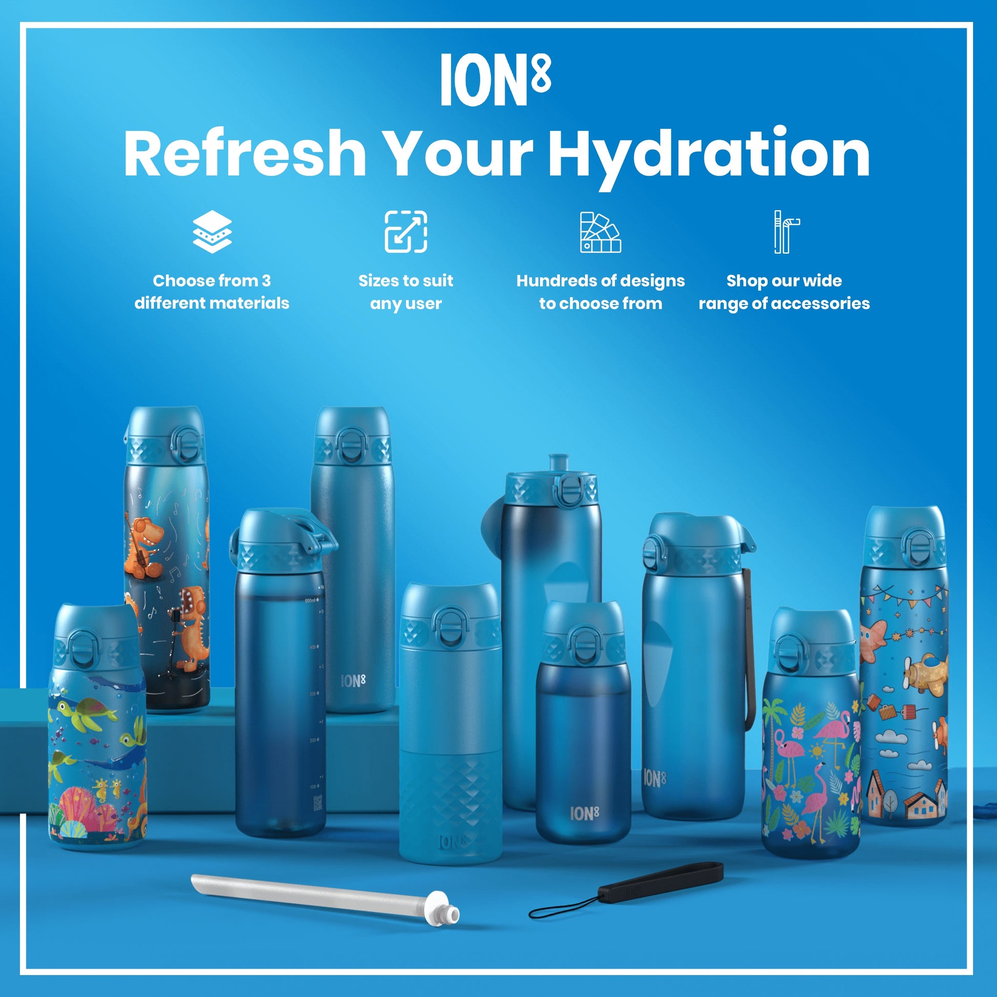 Several water bottles, displaying various sizes and colorful designs, are arranged on a blue surface. They are presented as a hydration product line. Accompanying text highlights material choices, sizes, design variety, and accessories.