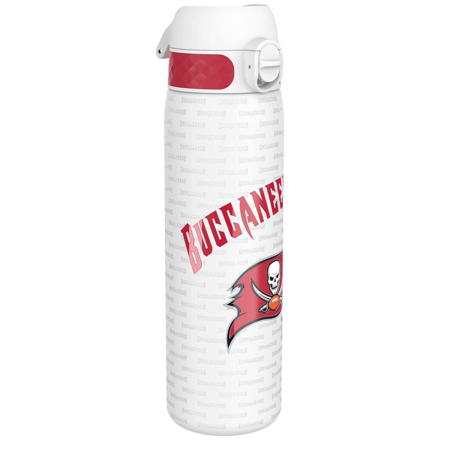 A white water bottle, featuring a red Buccaneers logo and repeated team name, stands on a white background.