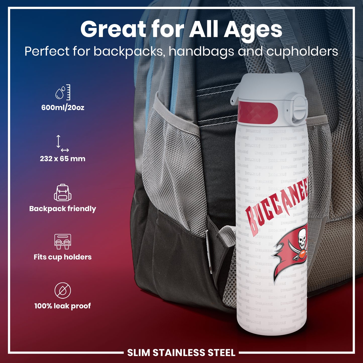 A slim stainless steel water bottle, featuring a Buccaneers logo, rests in a backpack's mesh pocket. It's 600ml/20oz, 232 x 65 mm, backpack and cupholder friendly, and 100% leak proof.