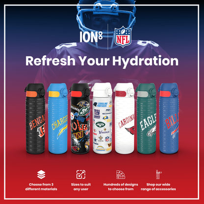 Six water bottles, displaying various NFL team logos, are arranged. They are showcased against a backdrop featuring a blurred image of a football player. "Refresh Your Hydration" is prominently displayed. Choose from 3 different materials; Sizes to suit any user; Hundreds of designs to choose from; Shop our wide range of accessories.