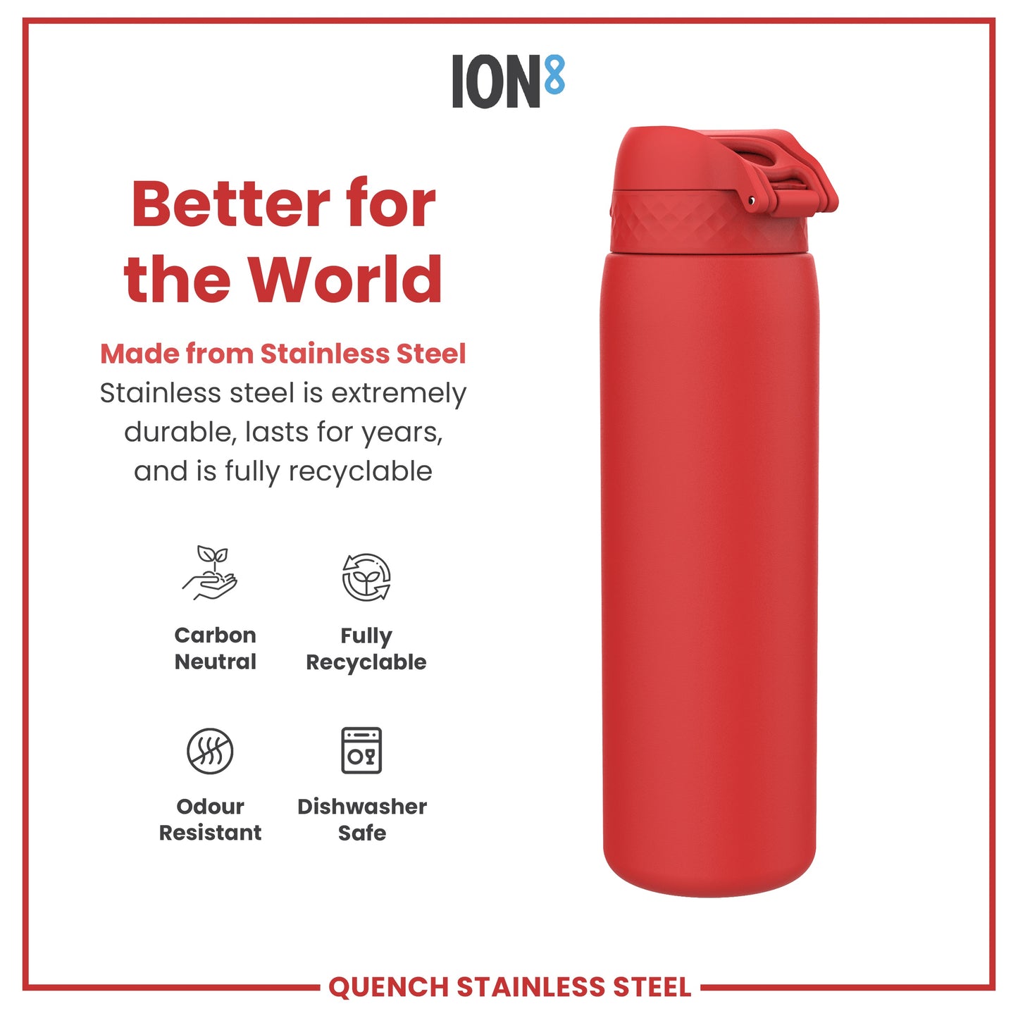 Leak Proof 1 Litre Water Bottle, Stainless Steel, Red, 1L