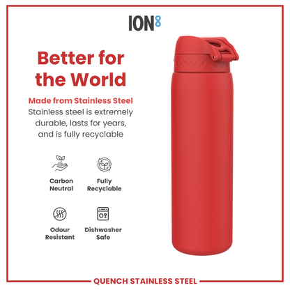 Leak Proof 1 Litre Water Bottle, Stainless Steel, Red, 1L