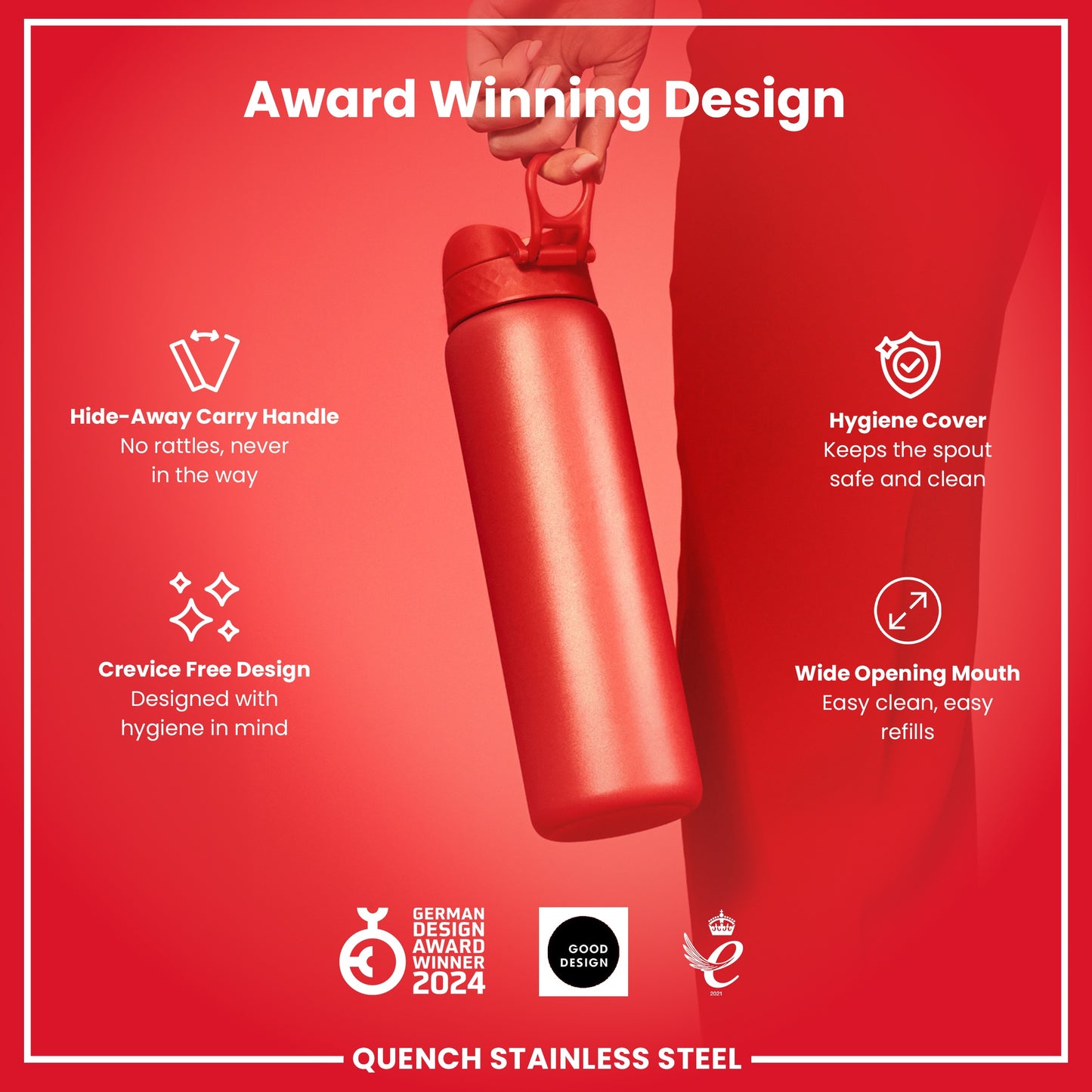 Leak Proof 1 Litre Water Bottle, Stainless Steel, Red, 1L