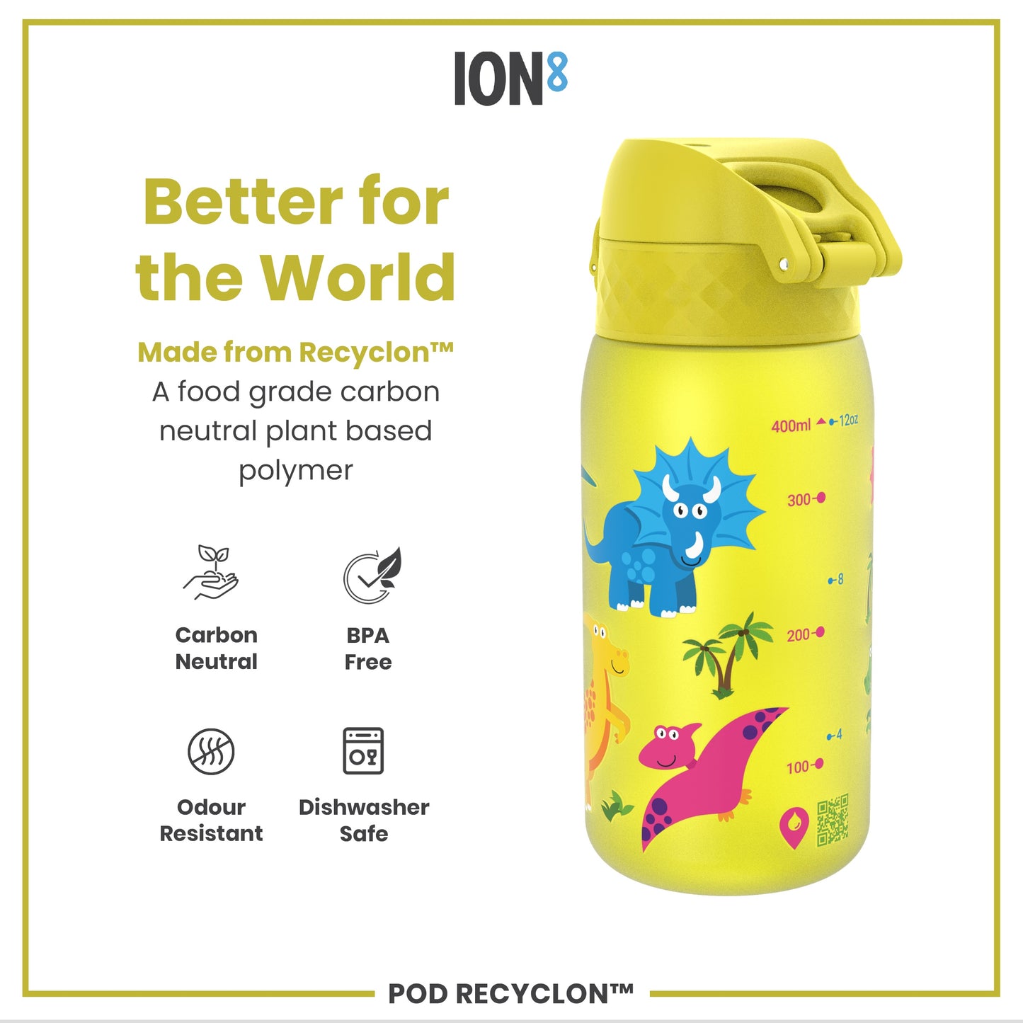 Leak Proof Kids Water Bottle, Recyclon, Dinosaur, 350ml (12oz)