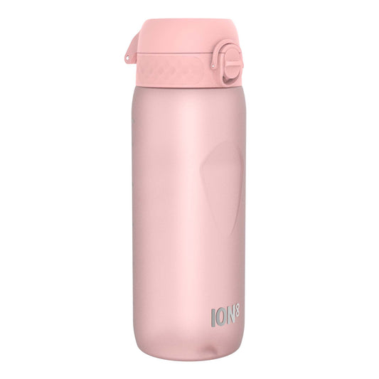 A pink water bottle stands upright against a white background. ION8 is printed on the bottle.