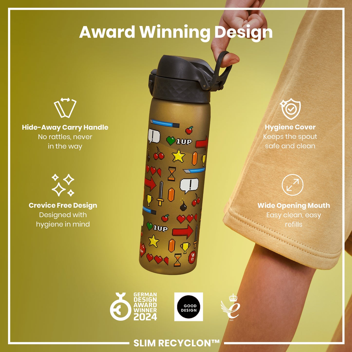 Leak Proof Slim Water Bottle, Recyclon, Gamer, 500ml (18oz)