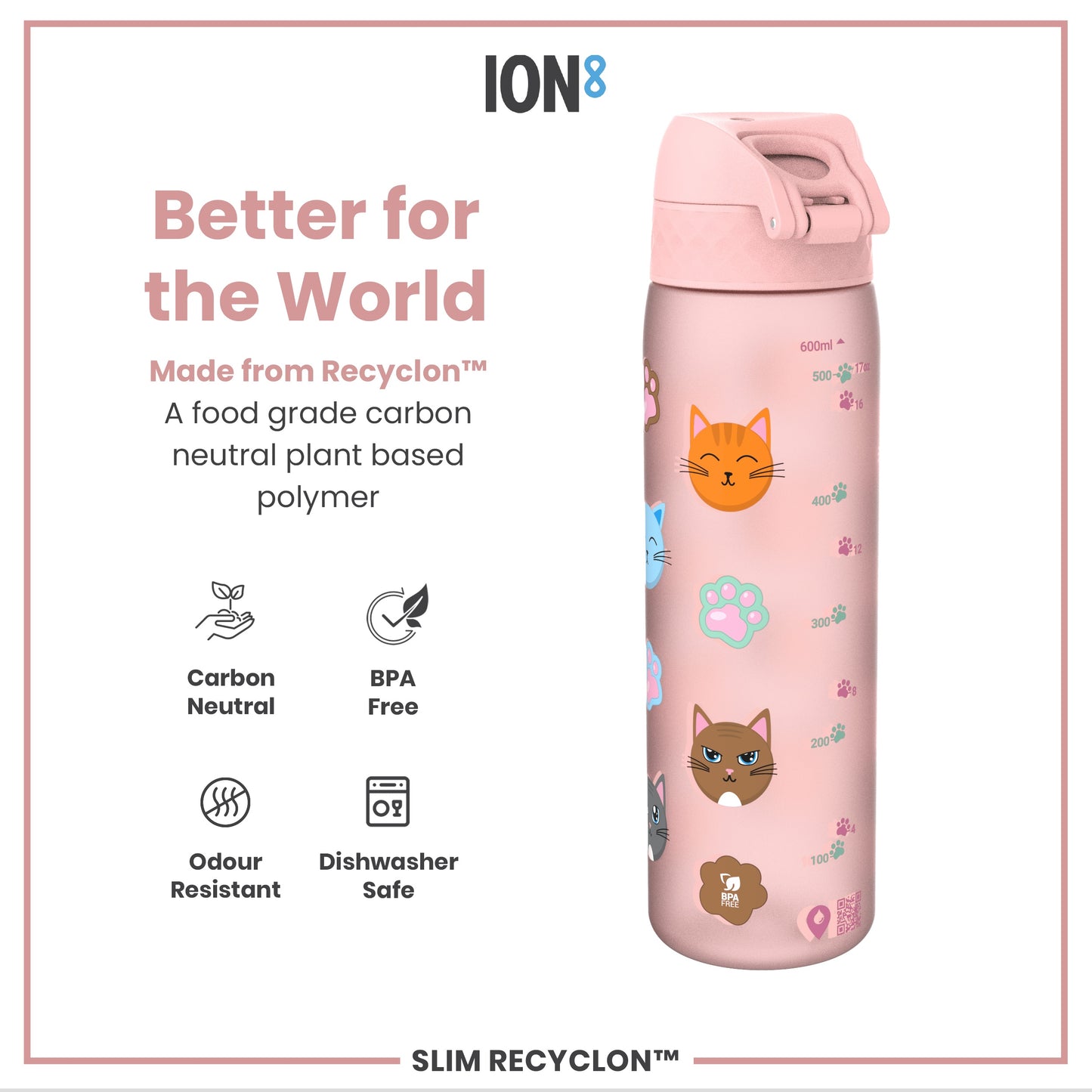 Leak Proof Slim Water Bottle, Recyclon, Cats, 500ml (18oz)