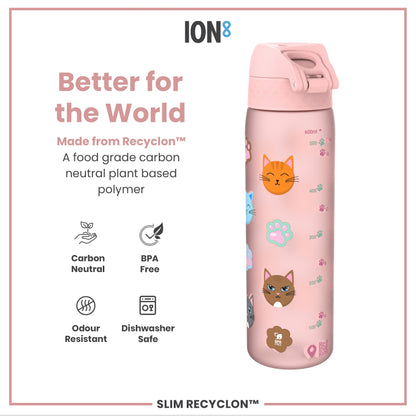 Leak Proof Slim Water Bottle, Recyclon, Cats, 500ml (18oz)