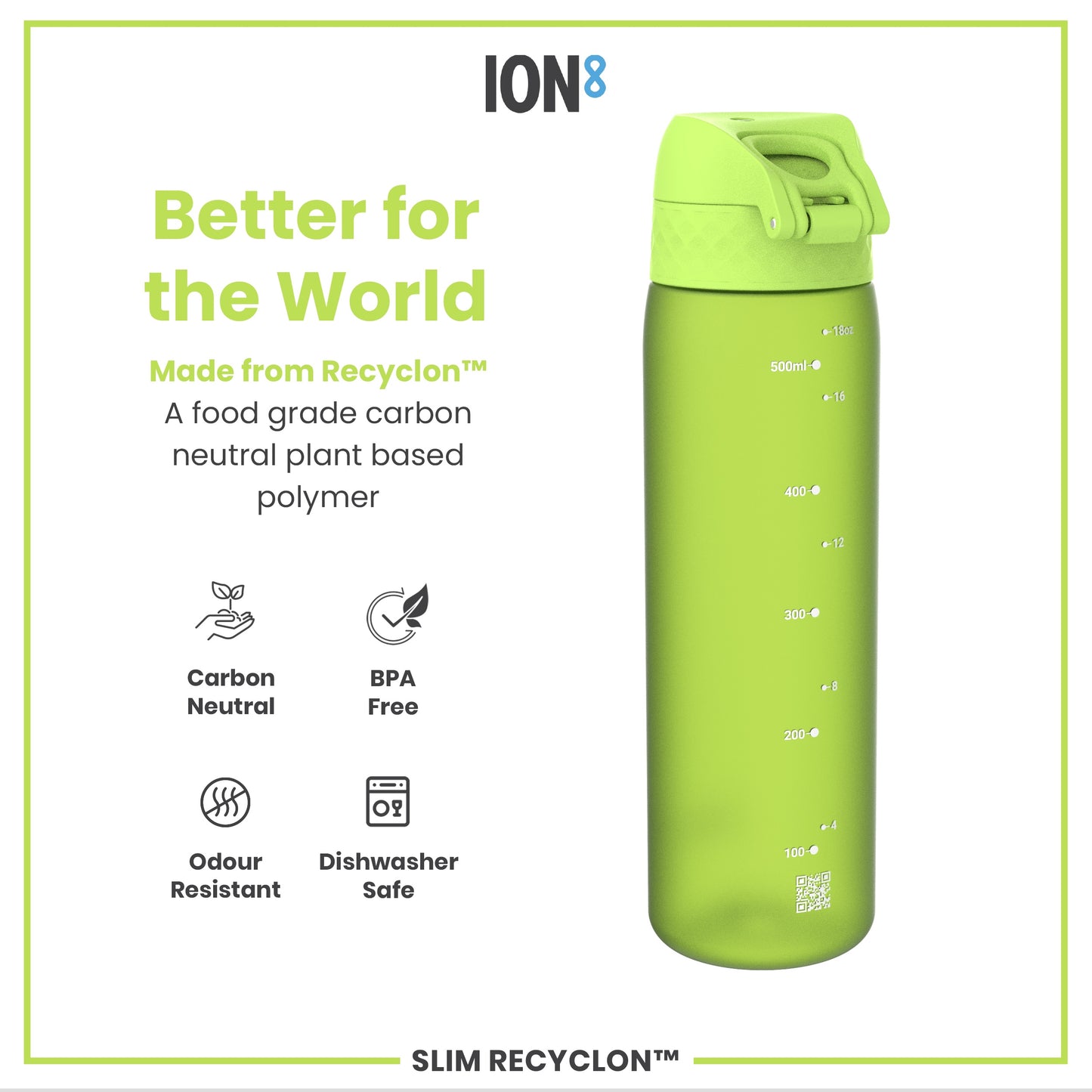 Leak Proof Slim Water Bottle, Recyclon, Green, 500ml (18oz)