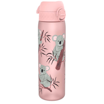 A pink water bottle, featuring koalas on branches, sits against a white background.