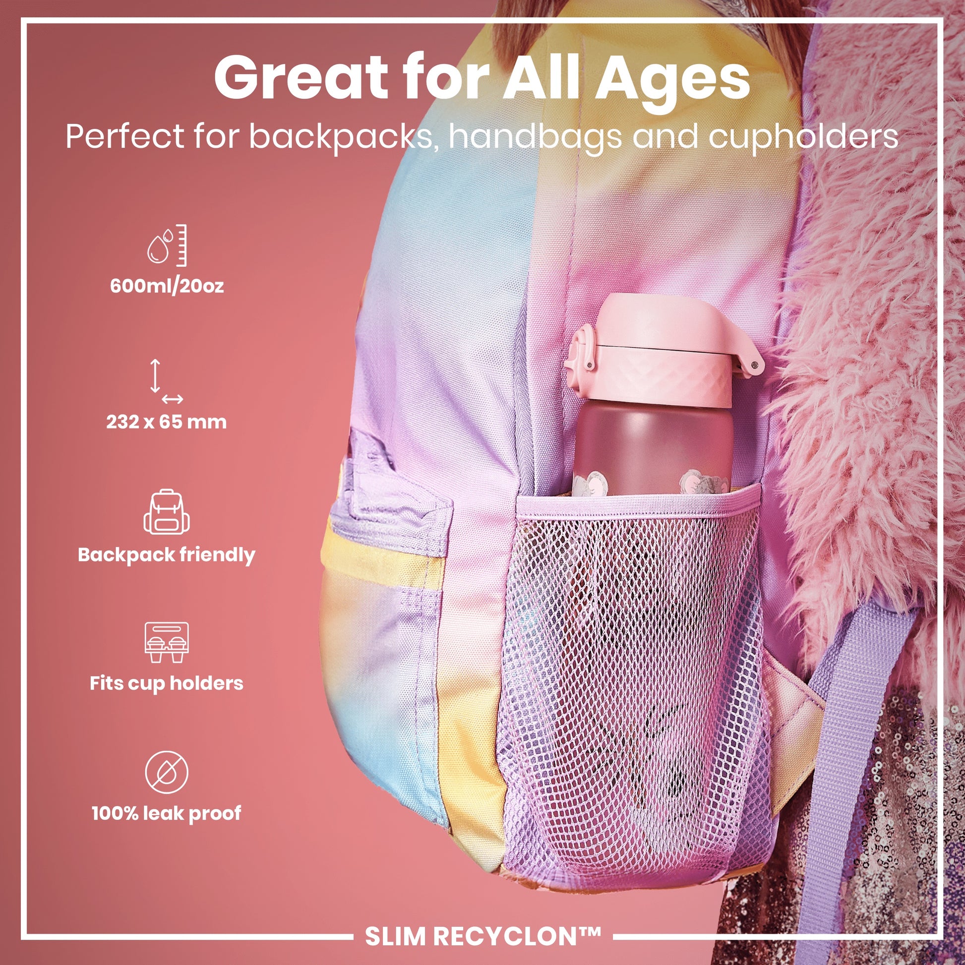 A pink water bottle sits in a pastel backpack's mesh pocket. The bottle is 600ml/20oz and measures 232 x 65 mm. It's backpack and cupholder friendly, and leakproof.