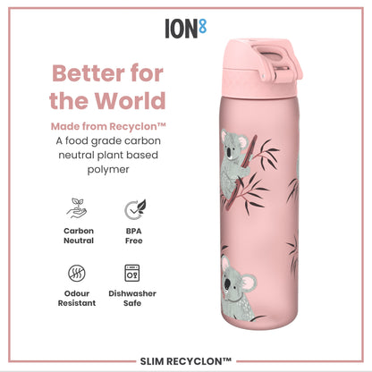 A pink water bottle, featuring koala illustrations, sits against a white background. The bottle is made from a plant-based polymer and is BPA free, dishwasher safe, odor resistant, and carbon neutral. The text also reads "Better for the World" and "SLIM RECYCLON™".