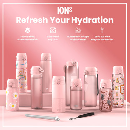 Several pink ION8 water bottles, various sizes and designs, are displayed on a pink surface. Accessories are also shown. Refresh Your Hydration. Choose from 3 different materials. Sizes to suit any user. Hundreds of designs to choose from. Shop our wide range of accessories.