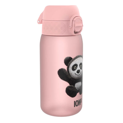 A pink water bottle, featuring a panda design, sits on a white background. ION8 is printed on the bottle.