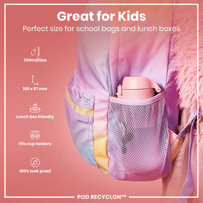 A pink container fits inside a purple mesh pocket of a pastel-colored backpack; it's sized for children’s lunchboxes and school bags, and is leakproof.