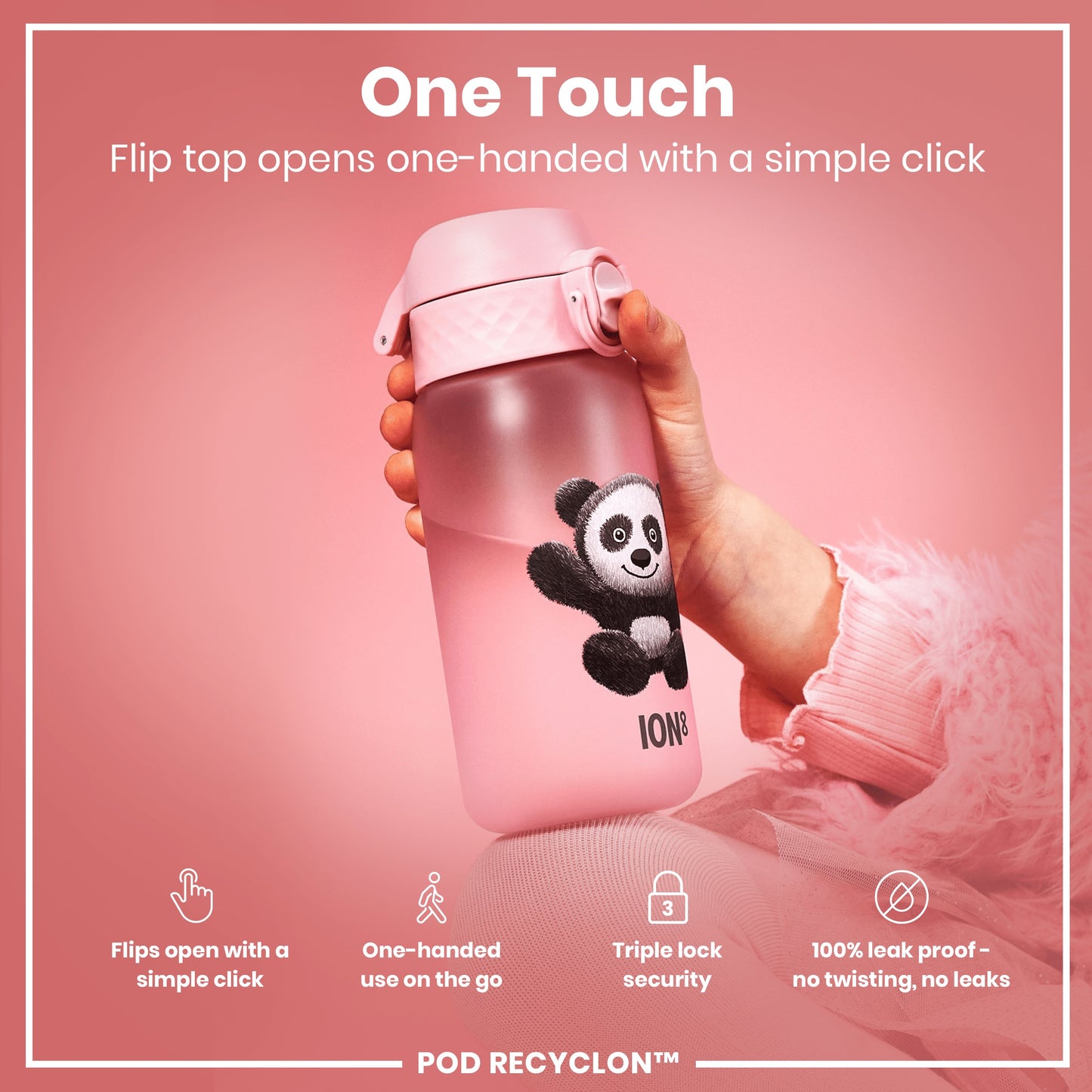 A pink water bottle, featuring a panda design, is being held; its flip top opens with a single click. The bottle is shown against a pink background, emphasizing its one-handed usability and leakproof design. Flip top opens one-handed with a simple click. POD RECYCLON™.