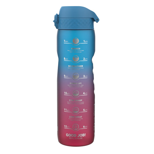 A water bottle displays a daily hydration schedule with corresponding health benefits, against a white background.